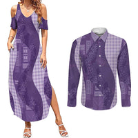 Polynesian Tribal Pattern Patchwork Picturesque Couples Matching Summer Maxi Dress and Long Sleeve Button Shirt Deep Violet LT7 Violet - Polynesian Pride