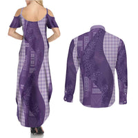 Polynesian Tribal Pattern Patchwork Picturesque Couples Matching Summer Maxi Dress and Long Sleeve Button Shirt Deep Violet LT7 - Polynesian Pride