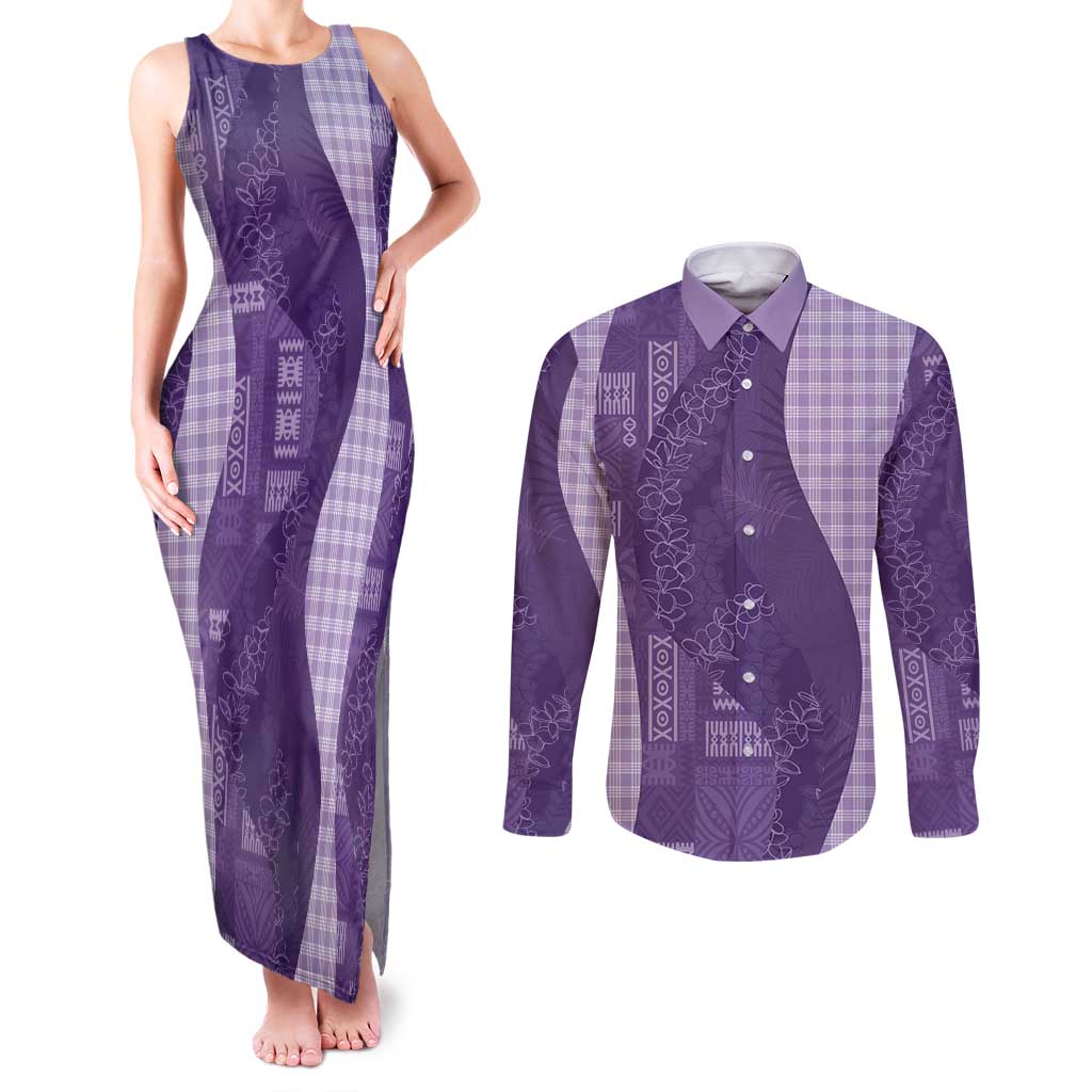 Polynesian Tribal Pattern Patchwork Picturesque Couples Matching Tank Maxi Dress and Long Sleeve Button Shirt Deep Violet LT7 Violet - Polynesian Pride