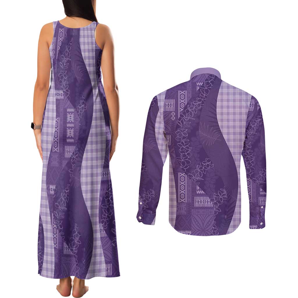 Polynesian Tribal Pattern Patchwork Picturesque Couples Matching Tank Maxi Dress and Long Sleeve Button Shirt Deep Violet LT7 - Polynesian Pride