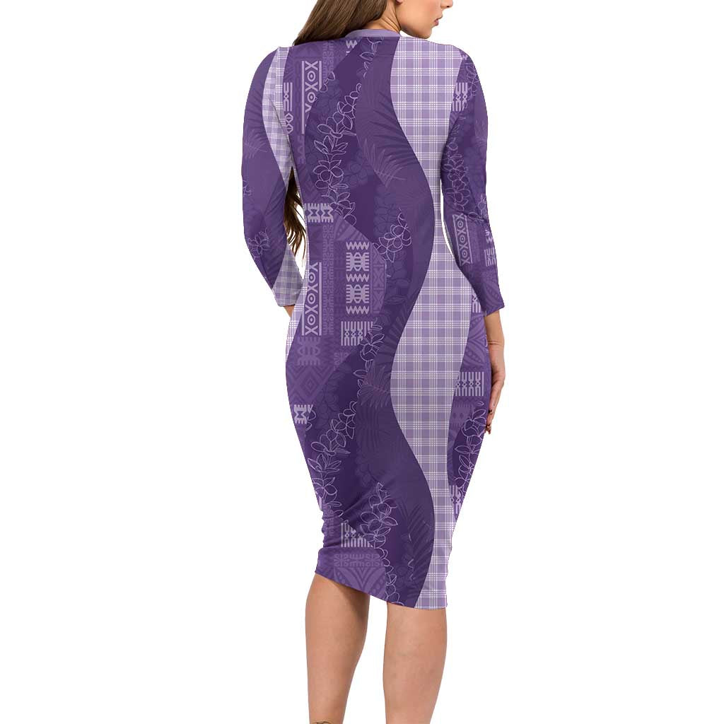 Polynesian Tribal Pattern Patchwork Picturesque Family Matching Long Sleeve Bodycon Dress and Hawaiian Shirt Deep Violet