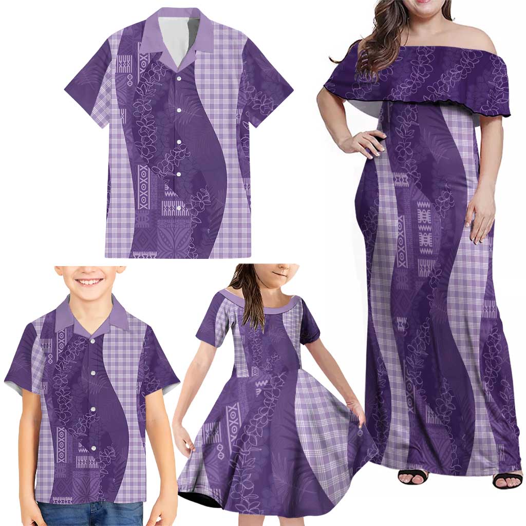 Polynesian Tribal Pattern Patchwork Picturesque Family Matching Off Shoulder Maxi Dress and Hawaiian Shirt Deep Violet