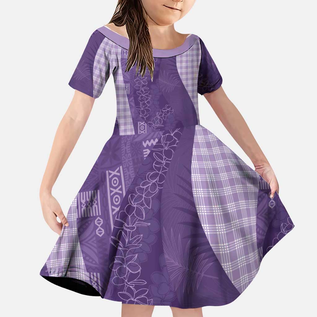 Polynesian Tribal Pattern Patchwork Picturesque Family Matching Off Shoulder Short Dress and Hawaiian Shirt Deep Violet