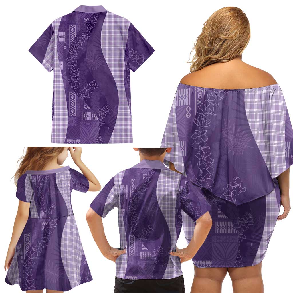 Polynesian Tribal Pattern Patchwork Picturesque Family Matching Off Shoulder Short Dress and Hawaiian Shirt Deep Violet