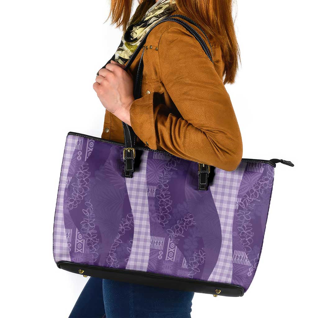 Polynesian Tribal Pattern Patchwork Picturesque Leather Tote Bag Deep Violet