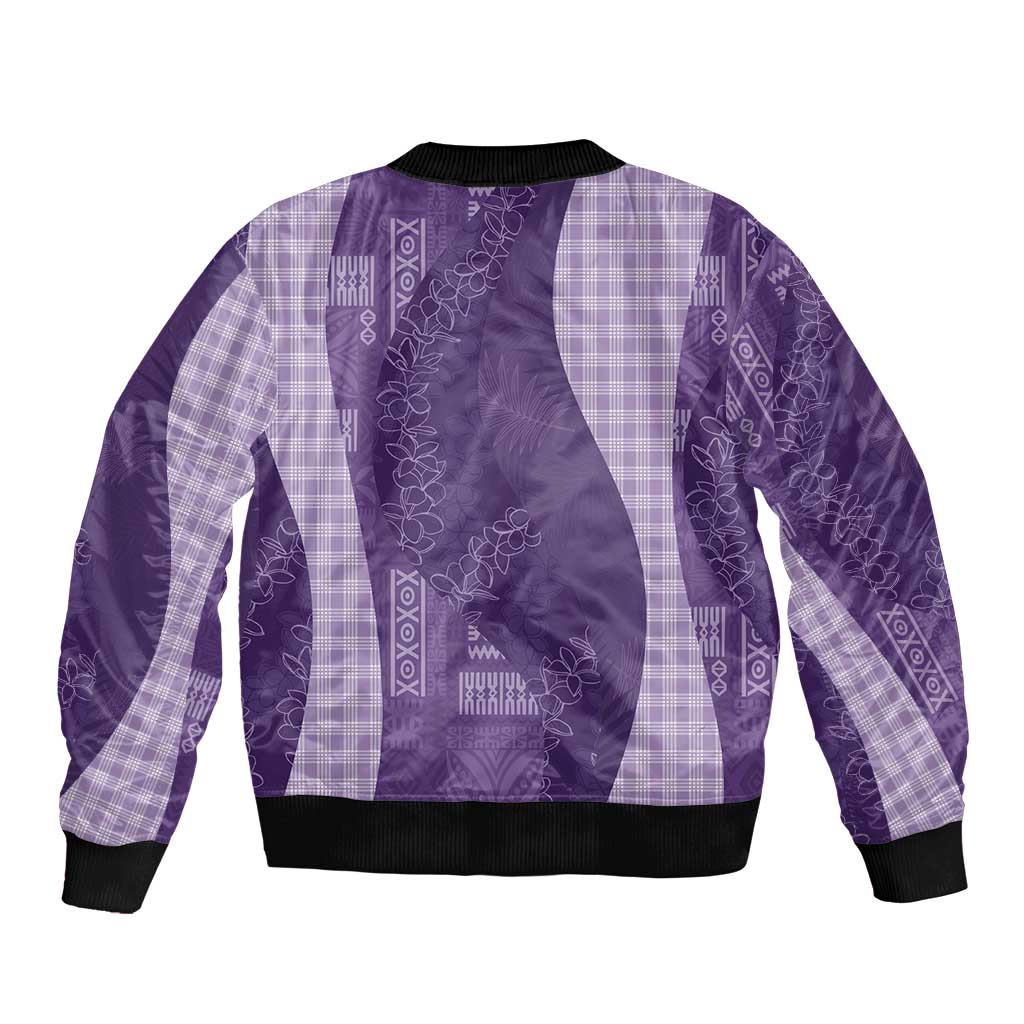 Polynesian Tribal Pattern Patchwork Picturesque Sleeve Zip Bomber Jacket Deep Violet