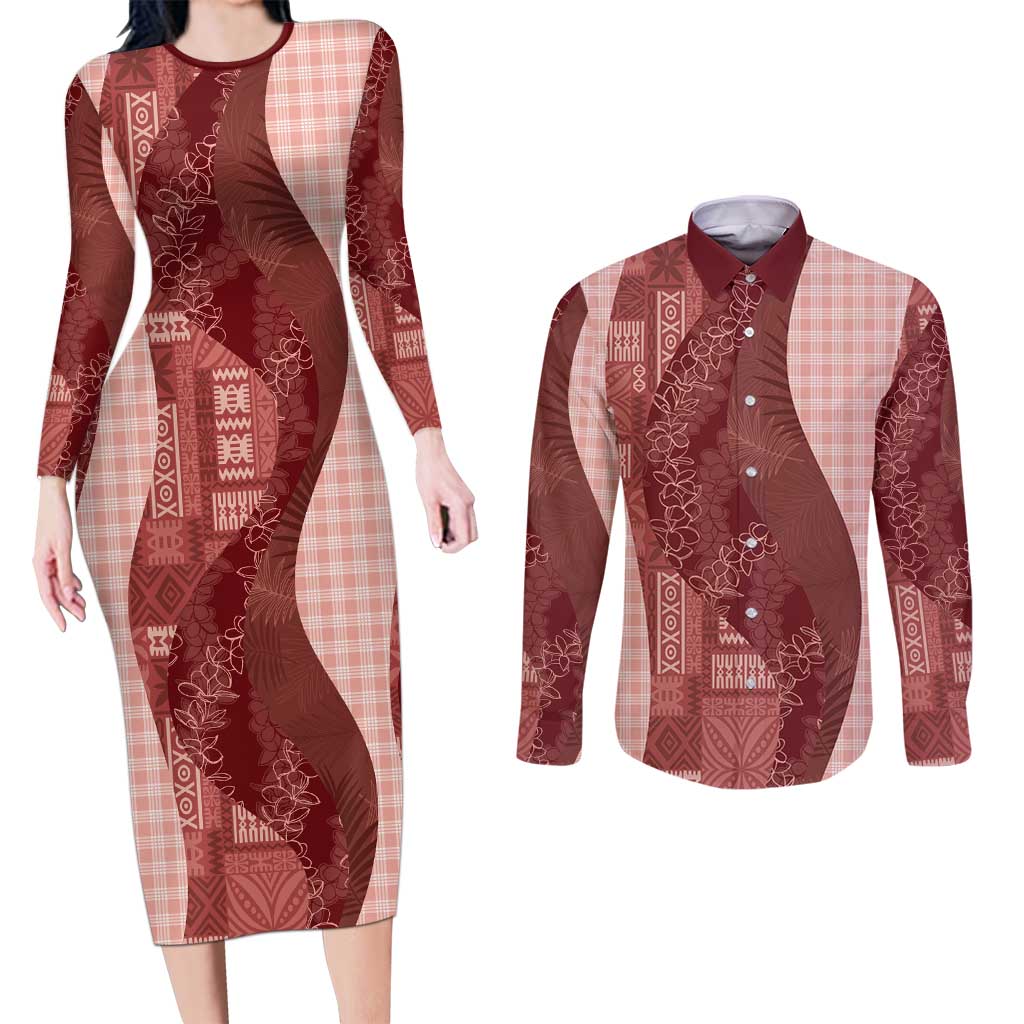 Polynesian Tribal Pattern Patchwork Picturesque Couples Matching Long Sleeve Bodycon Dress and Long Sleeve Button Shirt Crimson