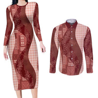 Polynesian Tribal Pattern Patchwork Picturesque Couples Matching Long Sleeve Bodycon Dress and Long Sleeve Button Shirt Crimson