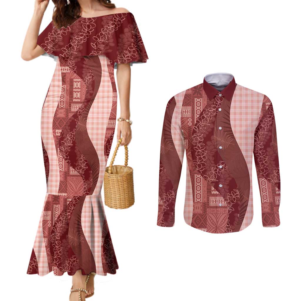 Polynesian Tribal Pattern Patchwork Picturesque Couples Matching Mermaid Dress and Long Sleeve Button Shirt Crimson LT7 Crimson - Polynesian Pride