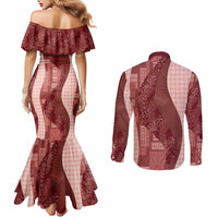 Polynesian Tribal Pattern Patchwork Picturesque Couples Matching Mermaid Dress and Long Sleeve Button Shirt Crimson LT7 - Polynesian Pride