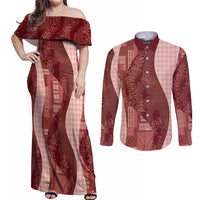 Polynesian Tribal Pattern Patchwork Picturesque Couples Matching Off Shoulder Maxi Dress and Long Sleeve Button Shirt Crimson LT7 Crimson - Polynesian Pride