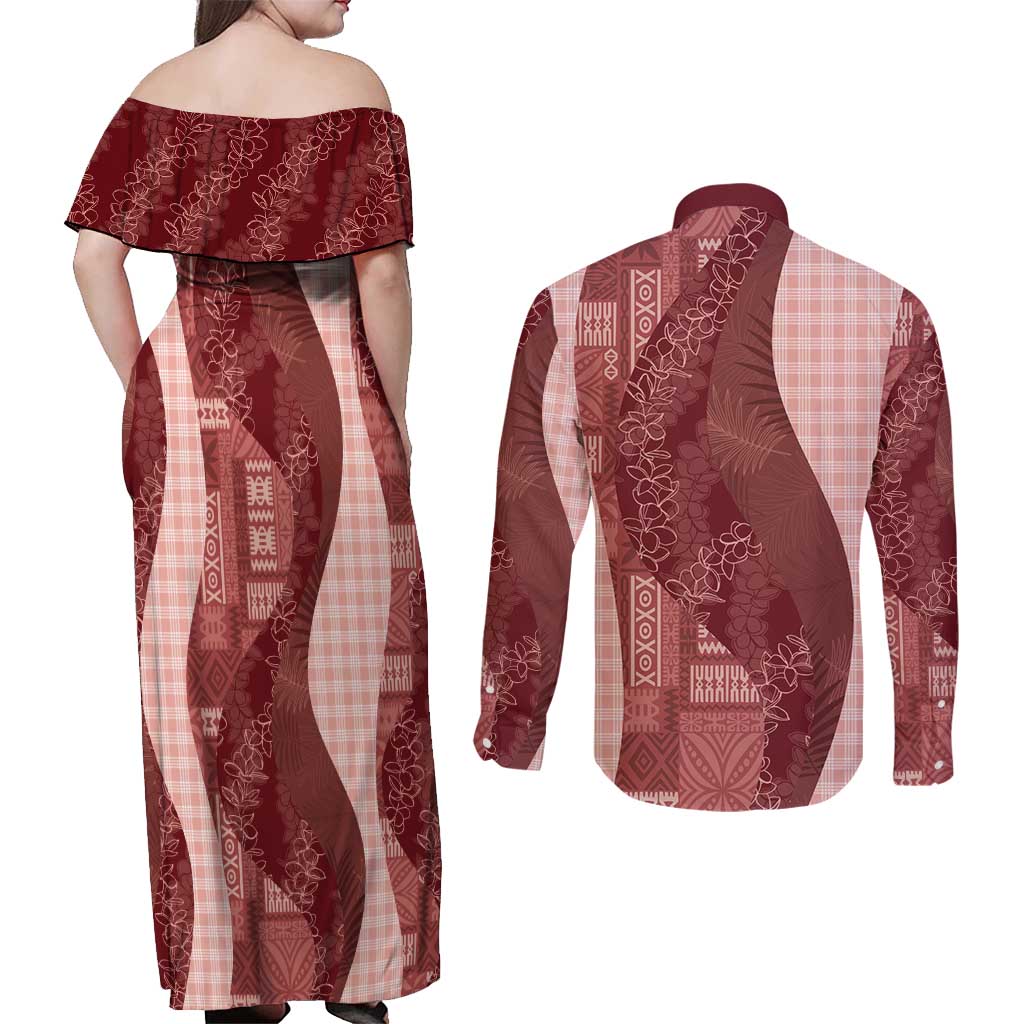 Polynesian Tribal Pattern Patchwork Picturesque Couples Matching Off Shoulder Maxi Dress and Long Sleeve Button Shirt Crimson LT7 - Polynesian Pride