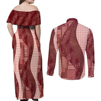 Polynesian Tribal Pattern Patchwork Picturesque Couples Matching Off Shoulder Maxi Dress and Long Sleeve Button Shirt Crimson LT7 - Polynesian Pride