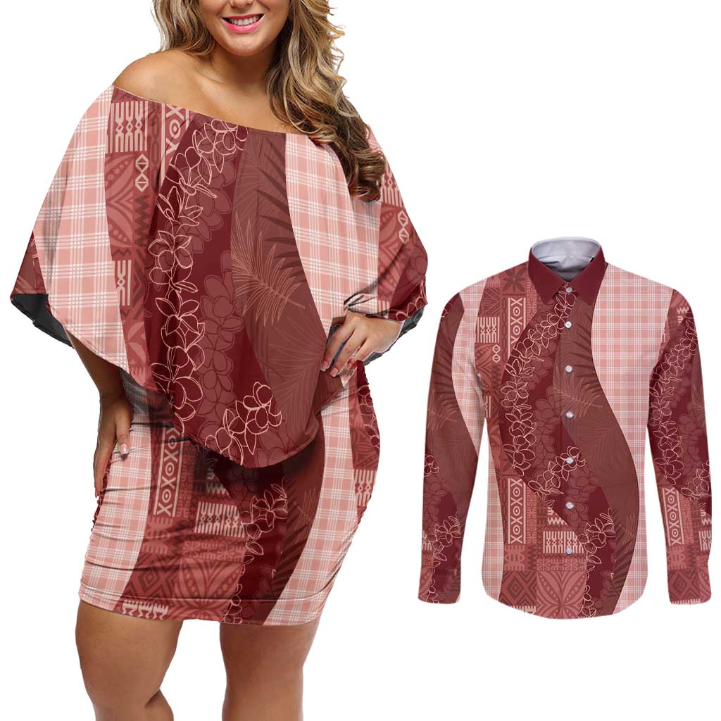 Polynesian Tribal Pattern Patchwork Picturesque Couples Matching Off Shoulder Short Dress and Long Sleeve Button Shirt Crimson LT7 Crimson - Polynesian Pride
