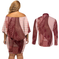 Polynesian Tribal Pattern Patchwork Picturesque Couples Matching Off Shoulder Short Dress and Long Sleeve Button Shirt Crimson