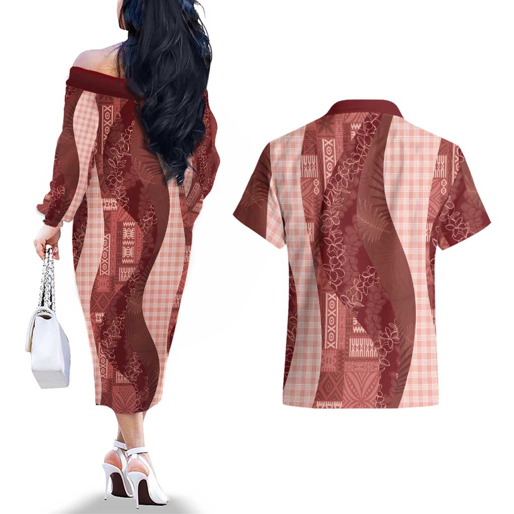 Polynesian Tribal Pattern Patchwork Picturesque Couples Matching Off The Shoulder Long Sleeve Dress and Hawaiian Shirt Crimson