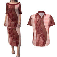 Polynesian Tribal Pattern Patchwork Picturesque Couples Matching Puletasi and Hawaiian Shirt Crimson LT7 Crimson - Polynesian Pride