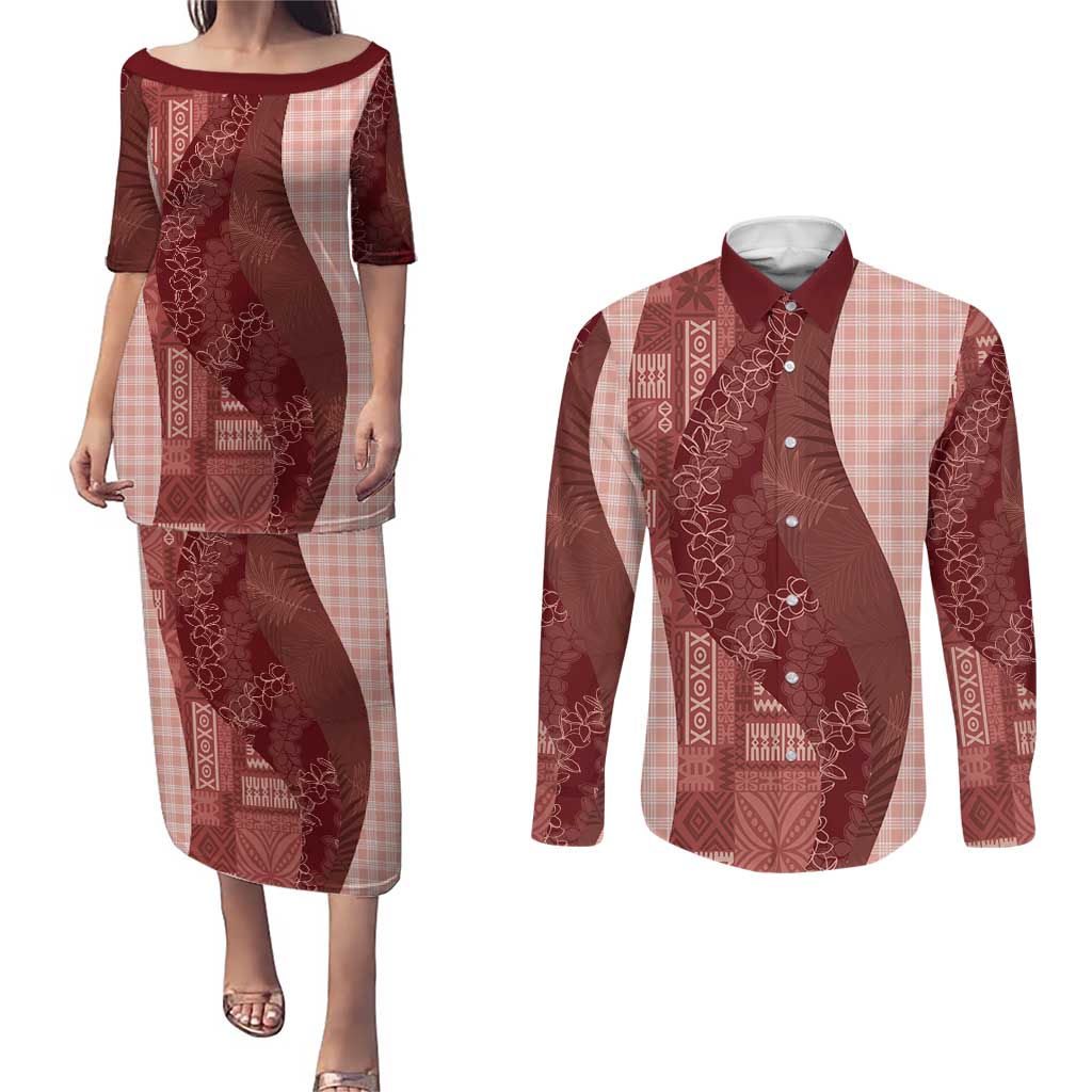 Polynesian Tribal Pattern Patchwork Picturesque Couples Matching Puletasi and Long Sleeve Button Shirt Crimson LT7 Crimson - Polynesian Pride