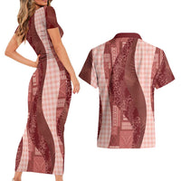 Polynesian Tribal Pattern Patchwork Picturesque Couples Matching Short Sleeve Bodycon Dress and Hawaiian Shirt Crimson