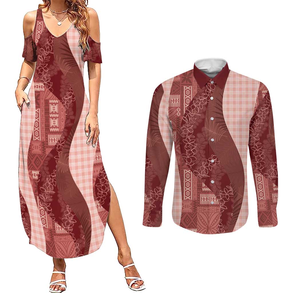 Polynesian Tribal Pattern Patchwork Picturesque Couples Matching Summer Maxi Dress and Long Sleeve Button Shirt Crimson