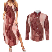Polynesian Tribal Pattern Patchwork Picturesque Couples Matching Summer Maxi Dress and Long Sleeve Button Shirt Crimson