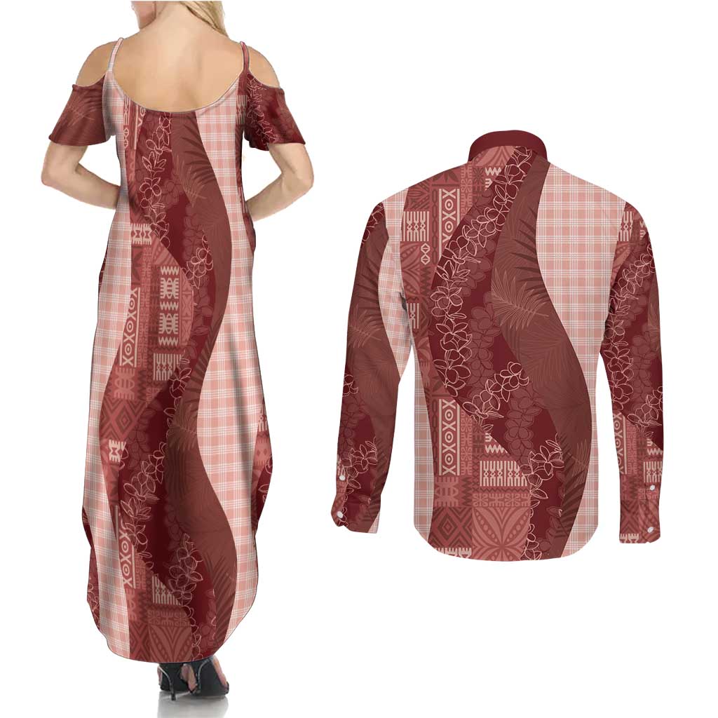 Polynesian Tribal Pattern Patchwork Picturesque Couples Matching Summer Maxi Dress and Long Sleeve Button Shirt Crimson