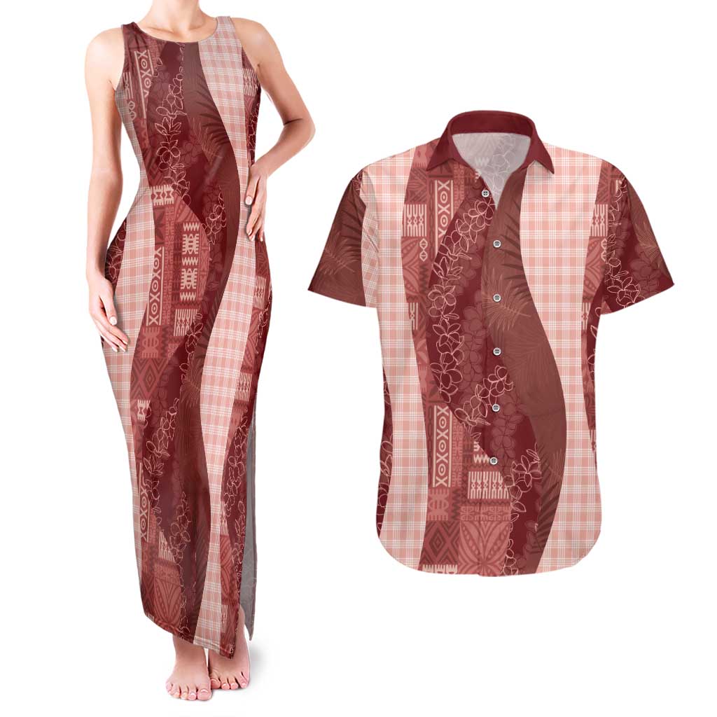 Polynesian Tribal Pattern Patchwork Picturesque Couples Matching Tank Maxi Dress and Hawaiian Shirt Crimson