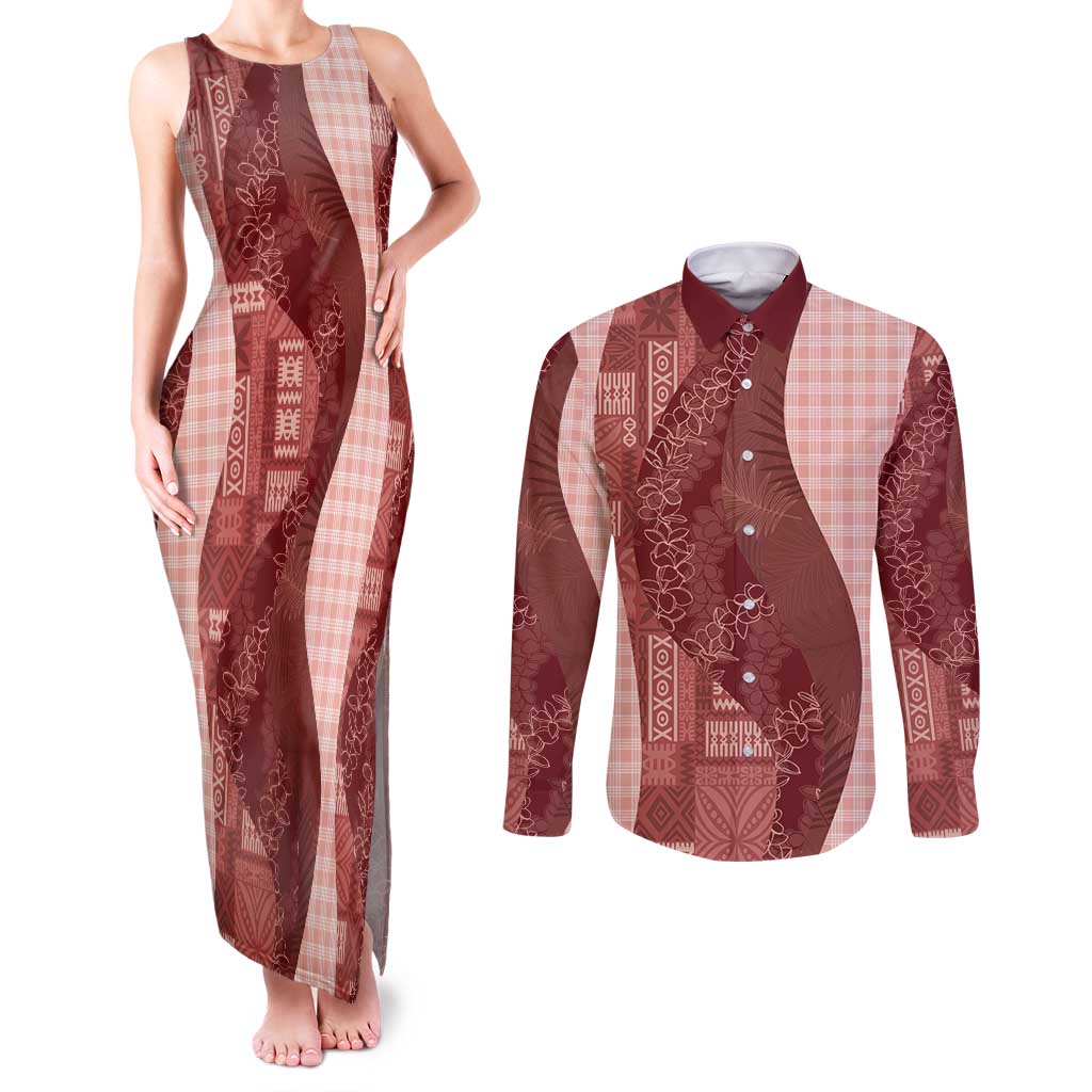 Polynesian Tribal Pattern Patchwork Picturesque Couples Matching Tank Maxi Dress and Long Sleeve Button Shirt Crimson LT7 Crimson - Polynesian Pride