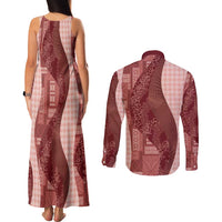 Polynesian Tribal Pattern Patchwork Picturesque Couples Matching Tank Maxi Dress and Long Sleeve Button Shirt Crimson LT7 - Polynesian Pride