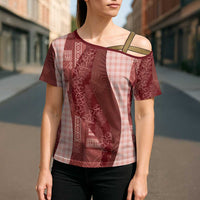 Polynesian Tribal Pattern Patchwork Picturesque Cross Shoulder Shirt Crimson