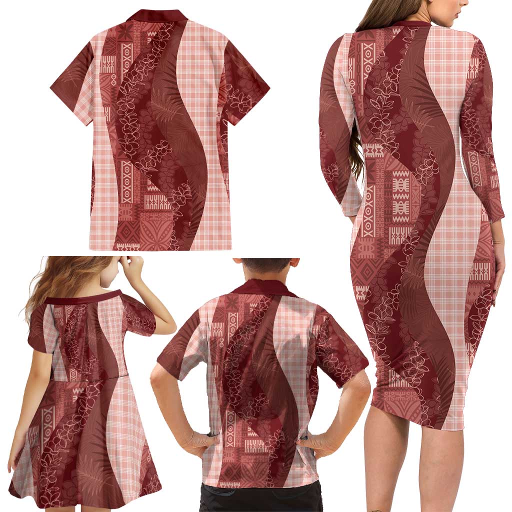 Polynesian Tribal Pattern Patchwork Picturesque Family Matching Long Sleeve Bodycon Dress and Hawaiian Shirt Crimson LT7 - Polynesian Pride