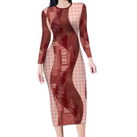 Polynesian Tribal Pattern Patchwork Picturesque Family Matching Long Sleeve Bodycon Dress and Hawaiian Shirt Crimson LT7 Mom's Dress Crimson - Polynesian Pride