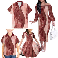 Polynesian Tribal Pattern Patchwork Picturesque Family Matching Off The Shoulder Long Sleeve Dress and Hawaiian Shirt Crimson LT7 - Polynesian Pride