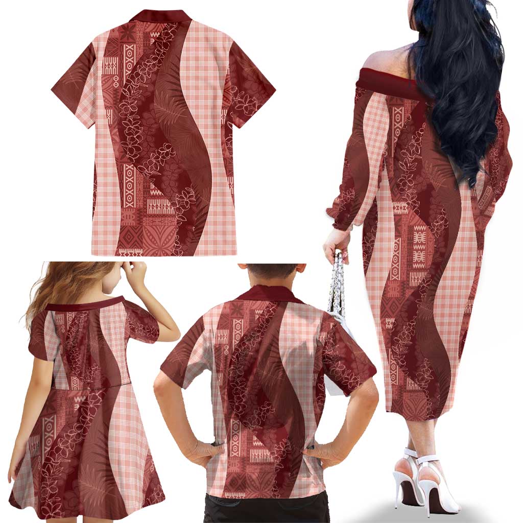 Polynesian Tribal Pattern Patchwork Picturesque Family Matching Off The Shoulder Long Sleeve Dress and Hawaiian Shirt Crimson LT7 - Polynesian Pride