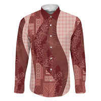 Polynesian Tribal Pattern Patchwork Picturesque Family Matching Off The Shoulder Long Sleeve Dress and Hawaiian Shirt Crimson LT7 Dad's Shirt - Long Sleeve Crimson - Polynesian Pride