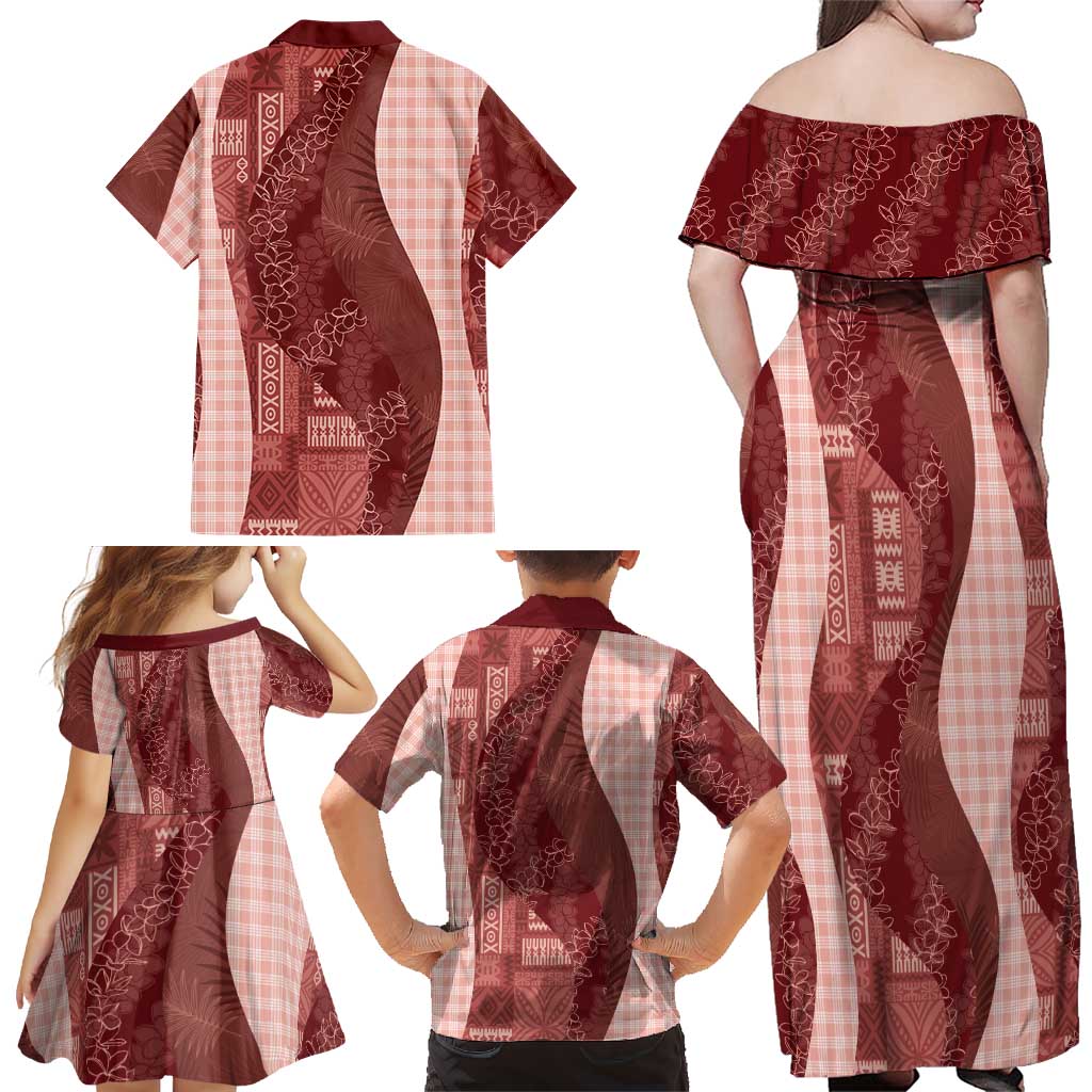 Polynesian Tribal Pattern Patchwork Picturesque Family Matching Off Shoulder Maxi Dress and Hawaiian Shirt Crimson
