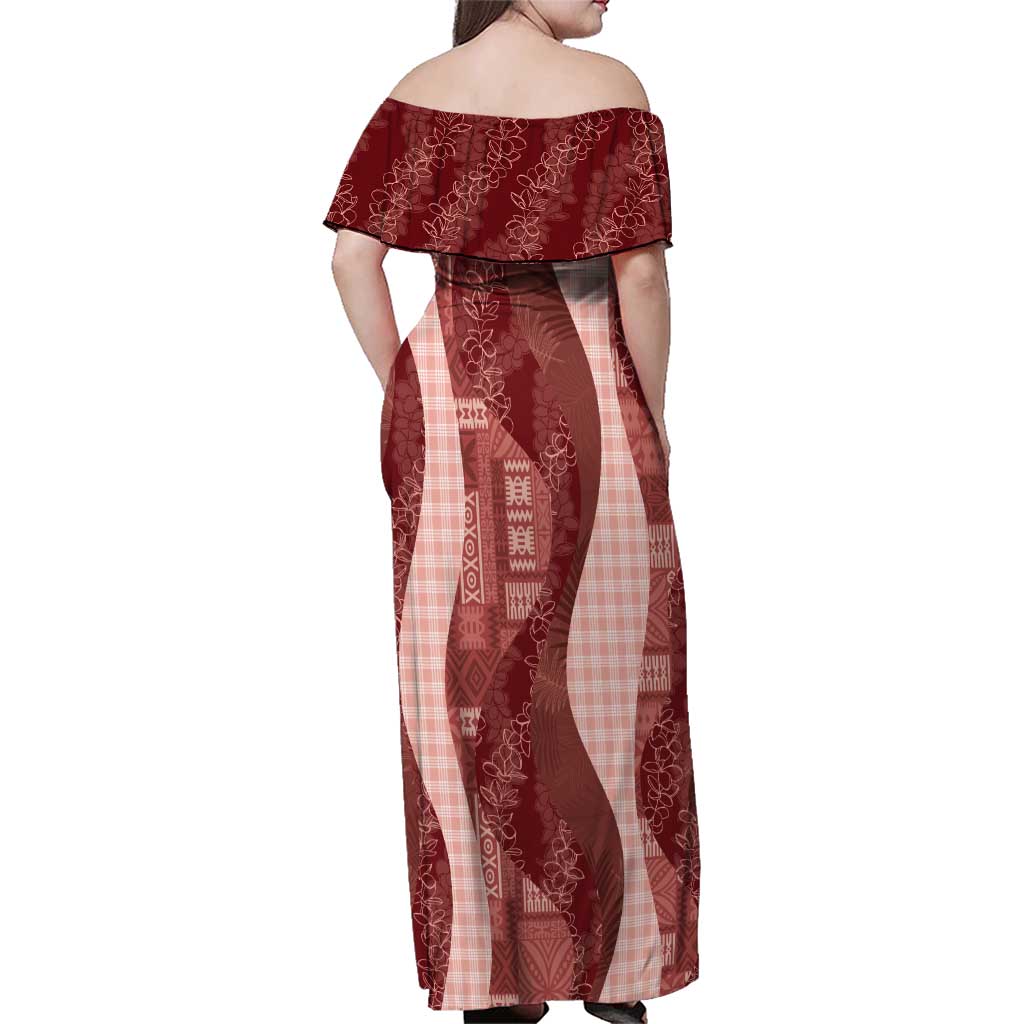 Polynesian Tribal Pattern Patchwork Picturesque Family Matching Off Shoulder Maxi Dress and Hawaiian Shirt Crimson