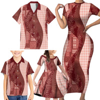 Polynesian Tribal Pattern Patchwork Picturesque Family Matching Short Sleeve Bodycon Dress and Hawaiian Shirt Crimson LT7 - Polynesian Pride