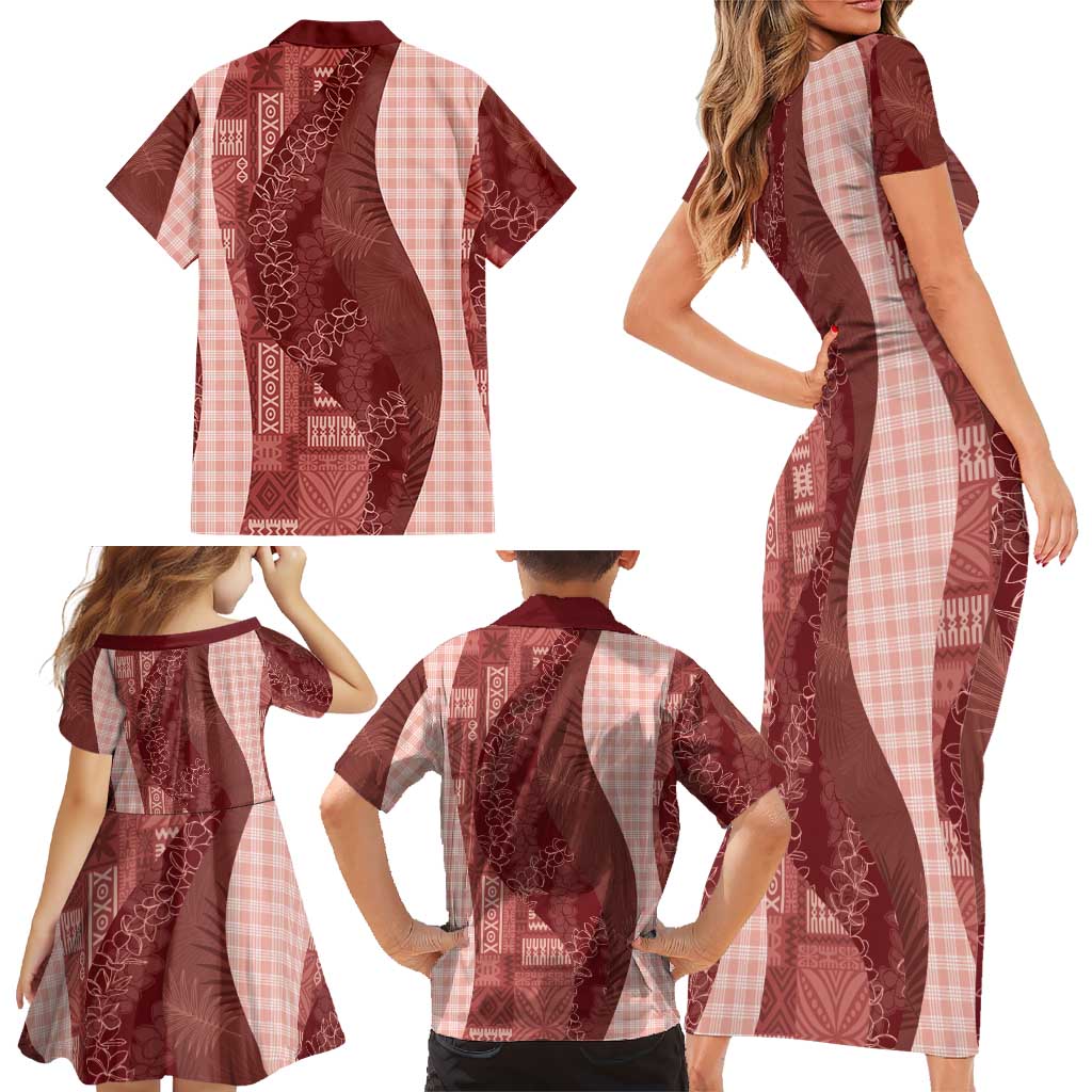 Polynesian Tribal Pattern Patchwork Picturesque Family Matching Short Sleeve Bodycon Dress and Hawaiian Shirt Crimson LT7 - Polynesian Pride