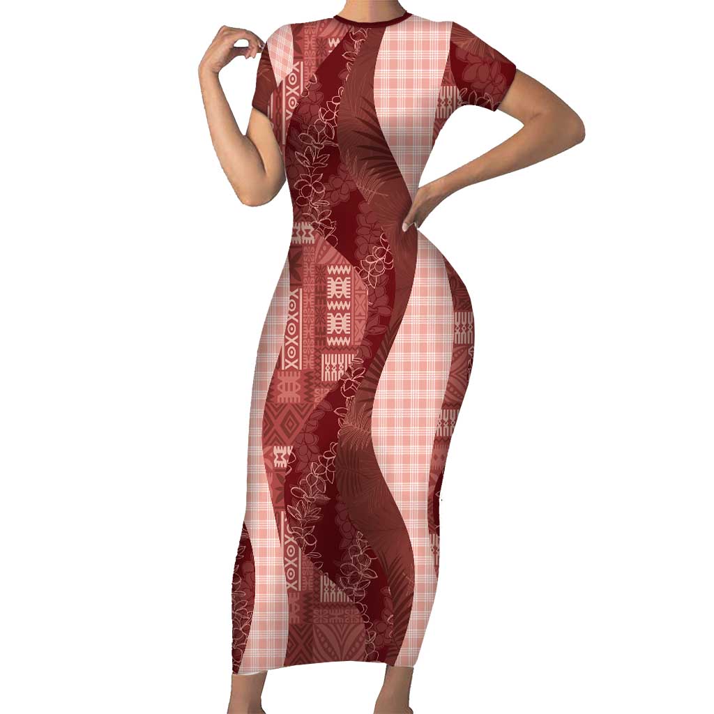 Polynesian Tribal Pattern Patchwork Picturesque Family Matching Short Sleeve Bodycon Dress and Hawaiian Shirt Crimson LT7 Mom's Dress Crimson - Polynesian Pride