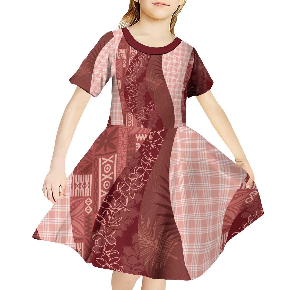 Polynesian Tribal Pattern Patchwork Picturesque Kid Short Sleeve Dress Crimson