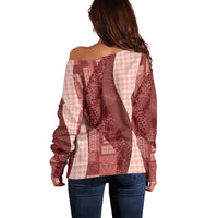 Polynesian Tribal Pattern Patchwork Picturesque Off Shoulder Sweater Crimson