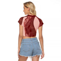 Polynesian Tribal Pattern Patchwork Picturesque Raglan Cropped T Shirt Crimson