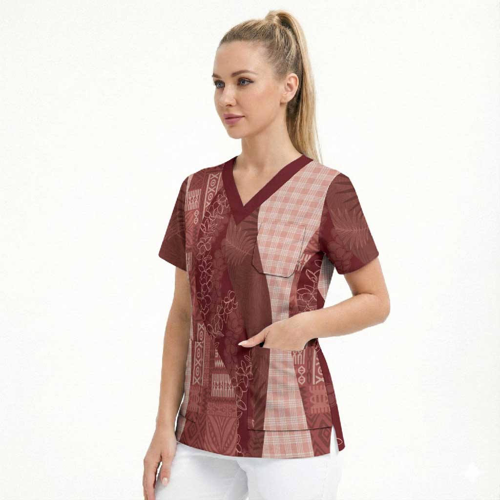 Polynesian Tribal Pattern Patchwork Picturesque Scrub Top Crimson