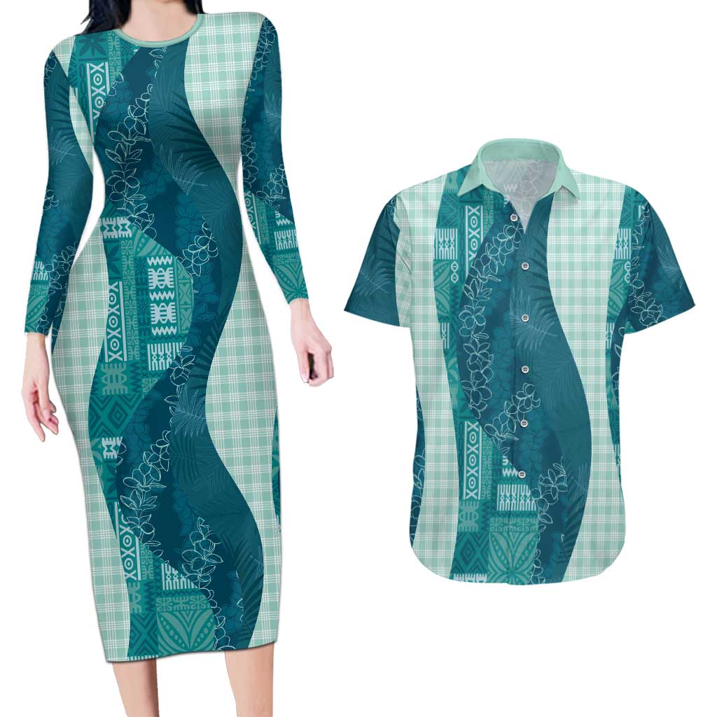Polynesian Tribal Pattern Patchwork Picturesque Couples Matching Long Sleeve Bodycon Dress and Hawaiian Shirt Oceanic