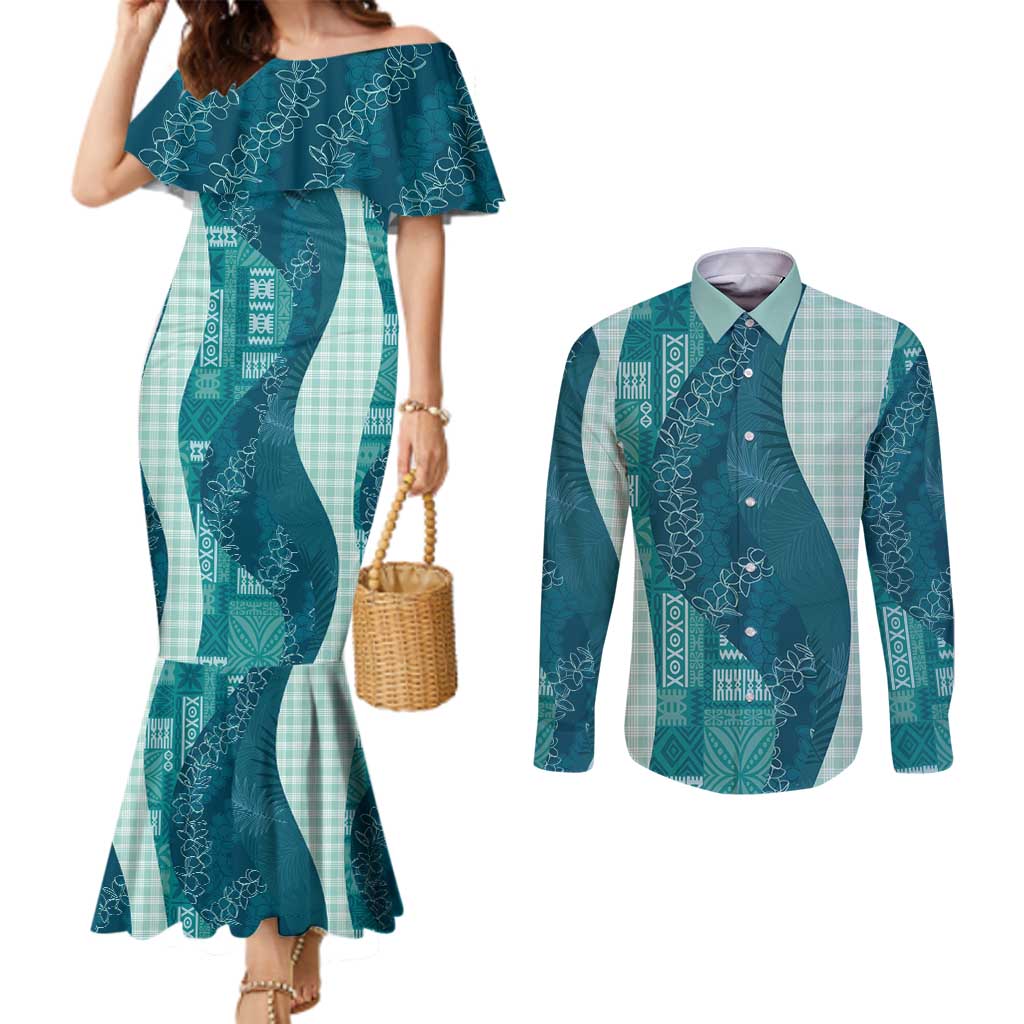 Polynesian Tribal Pattern Patchwork Picturesque Couples Matching Mermaid Dress and Long Sleeve Button Shirt Oceanic LT7 Blue - Polynesian Pride