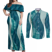 Polynesian Tribal Pattern Patchwork Picturesque Couples Matching Off Shoulder Maxi Dress and Long Sleeve Button Shirt Oceanic