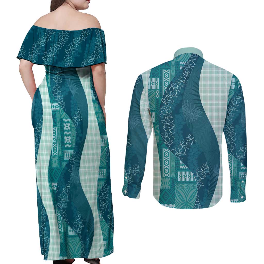Polynesian Tribal Pattern Patchwork Picturesque Couples Matching Off Shoulder Maxi Dress and Long Sleeve Button Shirt Oceanic