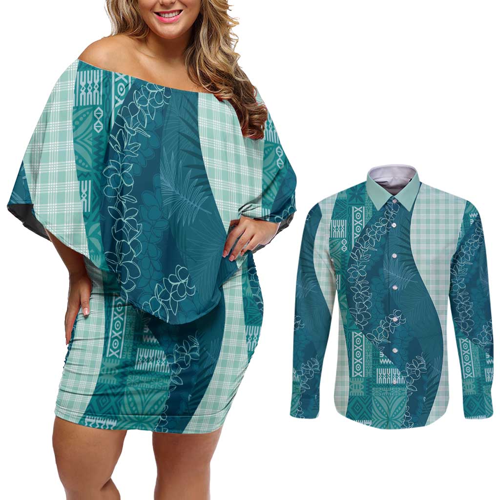 Polynesian Tribal Pattern Patchwork Picturesque Couples Matching Off Shoulder Short Dress and Long Sleeve Button Shirt Oceanic LT7 Blue - Polynesian Pride