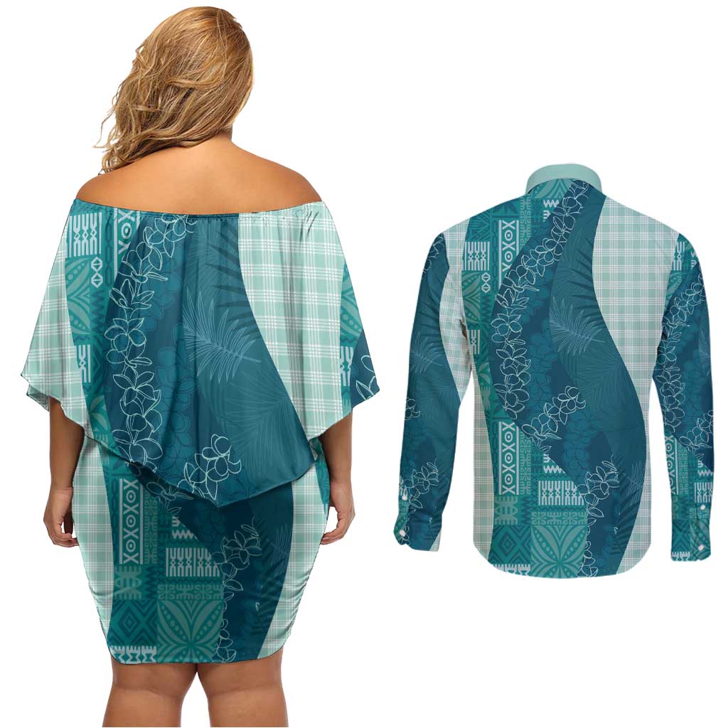 Polynesian Tribal Pattern Patchwork Picturesque Couples Matching Off Shoulder Short Dress and Long Sleeve Button Shirt Oceanic